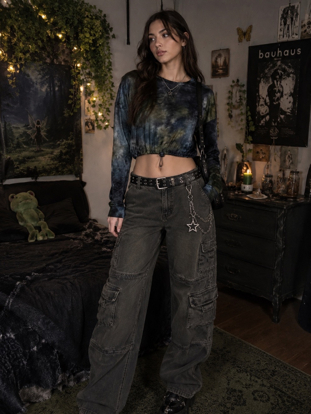 Derek Heart Tie Dye Mesh Crop Top Adjustable Drawstring Hem Fairy Grunge Y2K L
